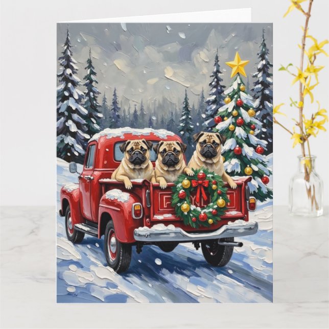 Pug Christmas Red Truck Holiday Karte (Gelbe Blume)