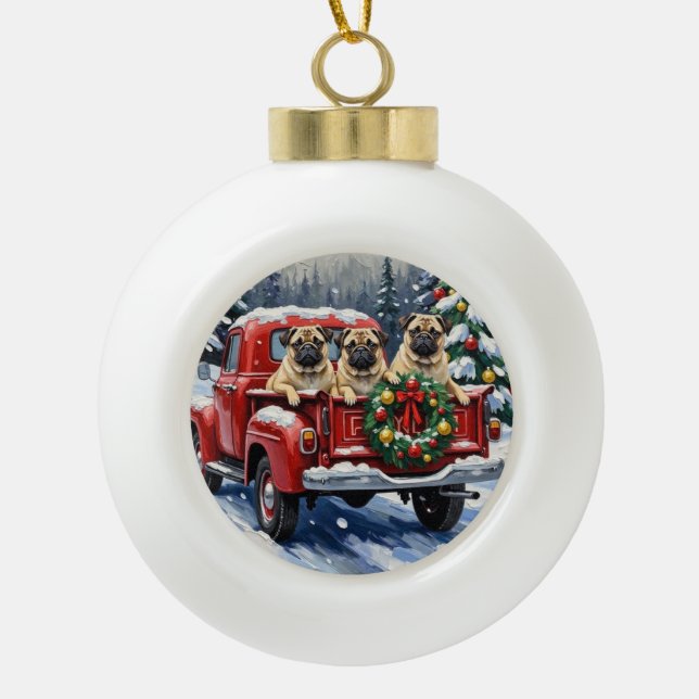 Pug Christmas Red Truck Holiday Keramik Kugel-Ornament (Vorderseite)