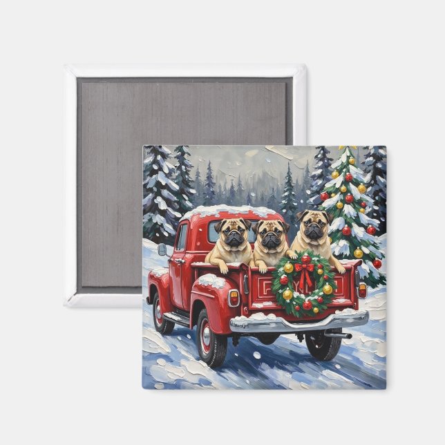 Pug Christmas Red Truck Holiday Magnet (Vorderseite/Rückseite)
