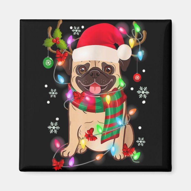 Pug Christmas Tree Lights Santa Dog Xmas Boys Pugm Magnet (Vorne)