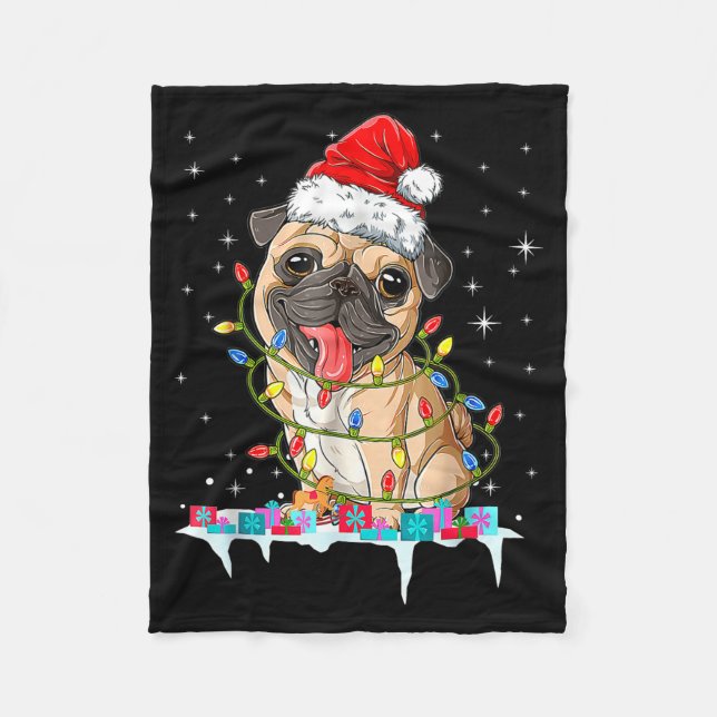 Pug Christmas Tree Lights Santa Dog Xmas  Fleecedecke (Vorderseite)