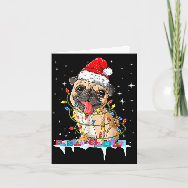 Pug Christmas Tree Lights Santa Dog Xmas  Karte (Vorderseite)