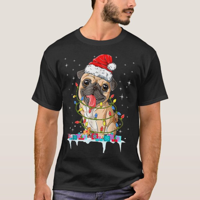 Pug Christmas Tree Lights Santa Dog Xmas  T-Shirt (Vorderseite)