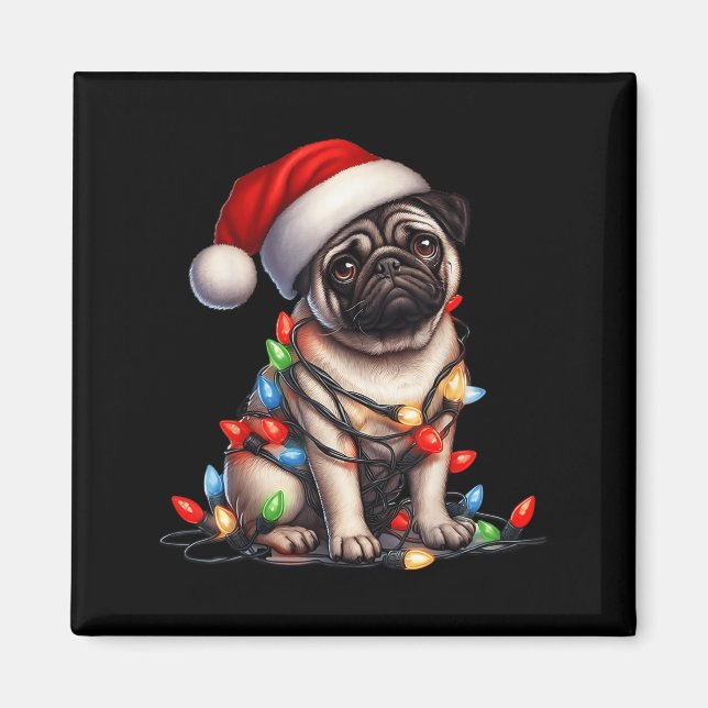 Pug Dog Christmas Lights Santa Hat Dog Lover  Magnet (Vorne)