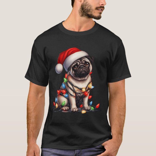 Pug Dog Christmas Lights Santa Hat Dog Lover  T-Shirt (Vorderseite)