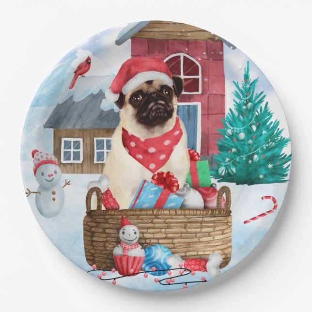 Pug Dog In snow Christmas Dog House Pappteller (Vorderseite)