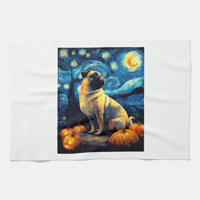 Pug dog of van gogh starry night halloween Funny J Geschirrtuch (Horizontal)