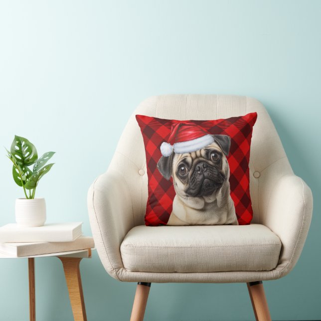 Pug Dog Red Buffalo Plaid Christmas Holiday Kissen (Stuhl )