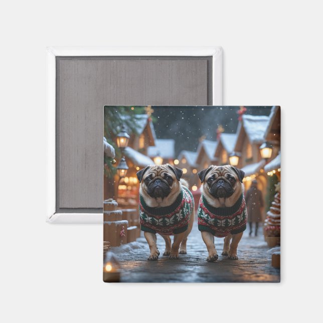 Pug Dogs Christmas Snow Holiday Magnet (Vorderseite/Rückseite)