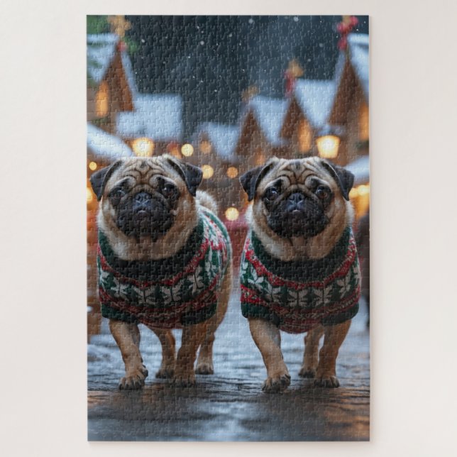 Pug Dogs Christmas Snow Holiday Puzzle (Vertikal)