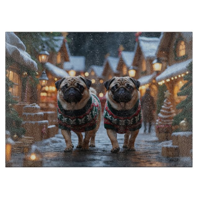 Pug Dogs Christmas Snow Holiday Schneidebrett (Vorderseite)