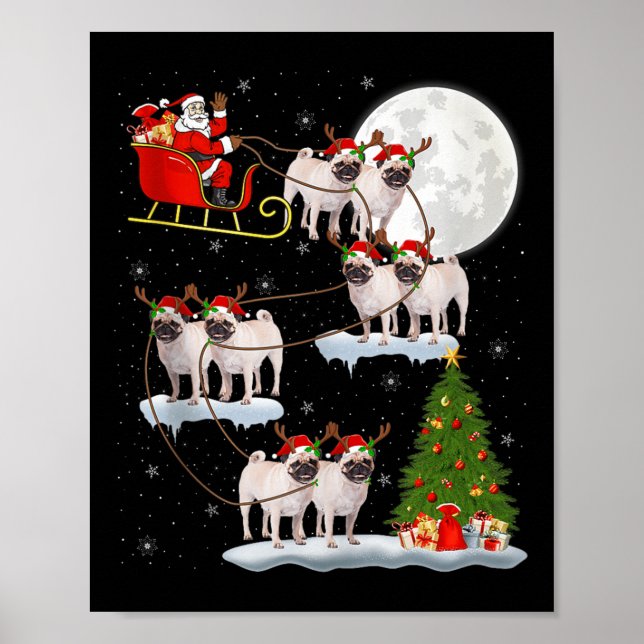 Pug Dogs Santa Sleigh Flying Funny Magical Christm Poster (Vorne)