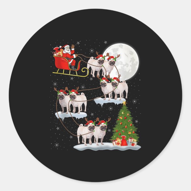 Pug Dogs Santa Sleigh Flying Funny Magical Christm Runder Aufkleber (Vorderseite)