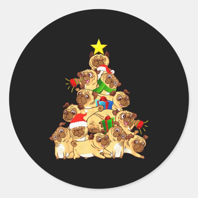 Pug Dogs Tree Christmas Sweater Xmas Pet Animal Do Runder Aufkleber (Vorderseite)