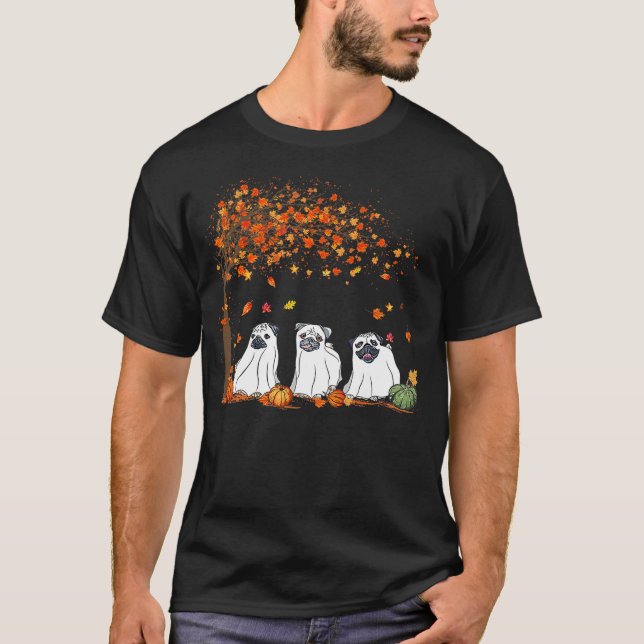 Pug Ghost Cute Under Fall Tree Halloween Autumn Do T-Shirt (Vorderseite)