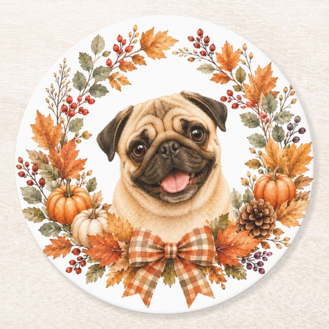 Pug-Herbstkranz-Untersetzer Runder Pappuntersetzer (Vorderseite)