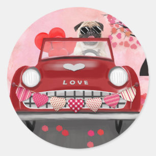 Pug-Hund-Auto mit Herzen Valentinstag Runder Aufkleber