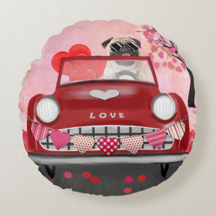 Pug-Hund-Auto mit Herzen Valentinstag Rundes Kissen