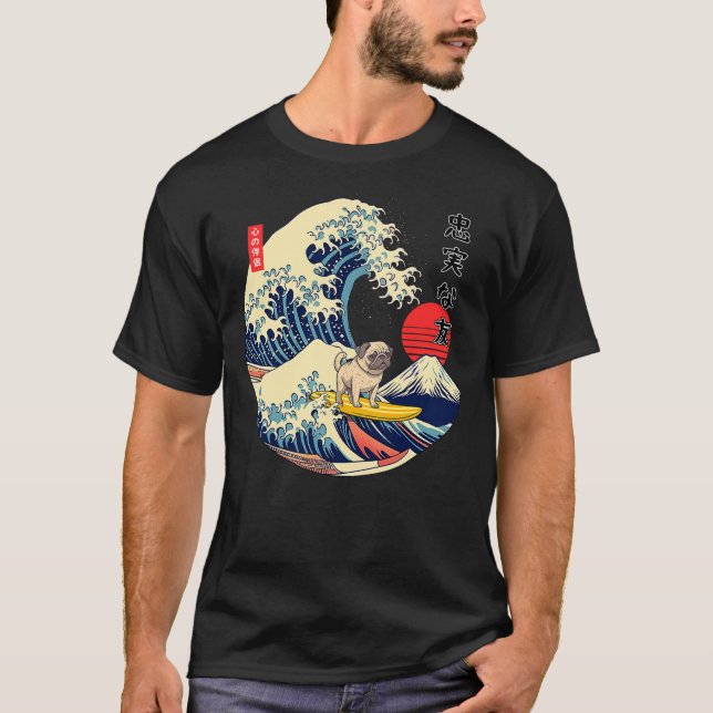 Pug Japanese Kanagawa Wave Surf Loyal Dog T-Shirt (Vorderseite)