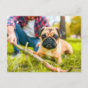 Pug Playing Fetch with Stick Postkarte