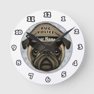 Pug-Polizei-Uhr Runde Wanduhr