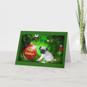 Pug Puppy Christmas Card Red Ball Feiertagskarte