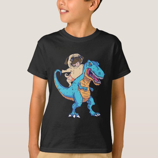Pug Riding T-rex Surfing Dinosaur Funny Dog Lover  T-Shirt (Vorderseite)