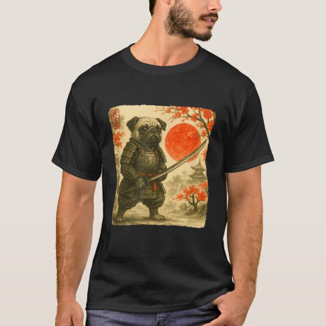 Pug Samurai Japanese Warrior Costume Sumi-e Art Fu T-Shirt (Vorderseite)