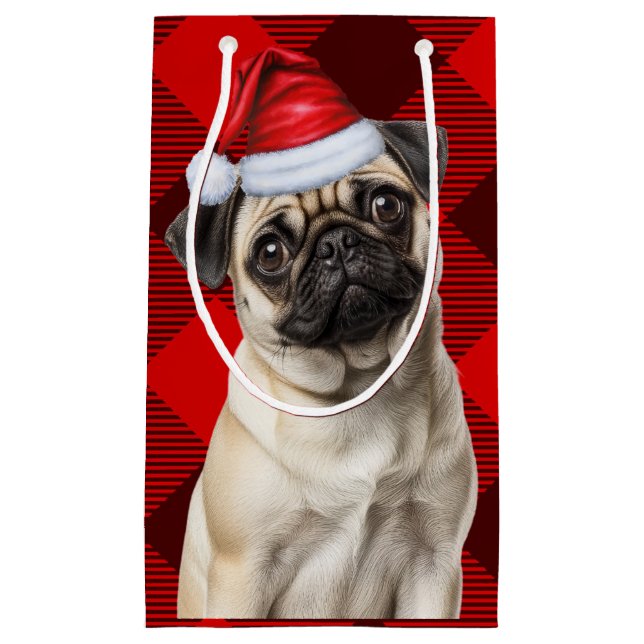 Pug Santa Dog Holiday Red Buffalo Plaid Christmas Kleine Geschenktüte (Vorderseite)