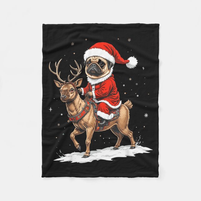 Pug Santa Riding Reindeer Christmas Holiday Puppy  Fleecedecke (Vorderseite)
