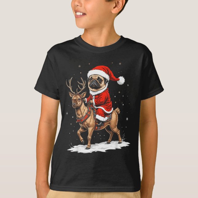 Pug Santa Riding Reindeer Christmas Holiday Puppy  T-Shirt (Vorderseite)