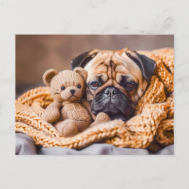 Pug Snuggling with Teddy Bear Blanket Postkarte