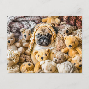 Pug Surrounded by Plush Teddy Bears Postkarte