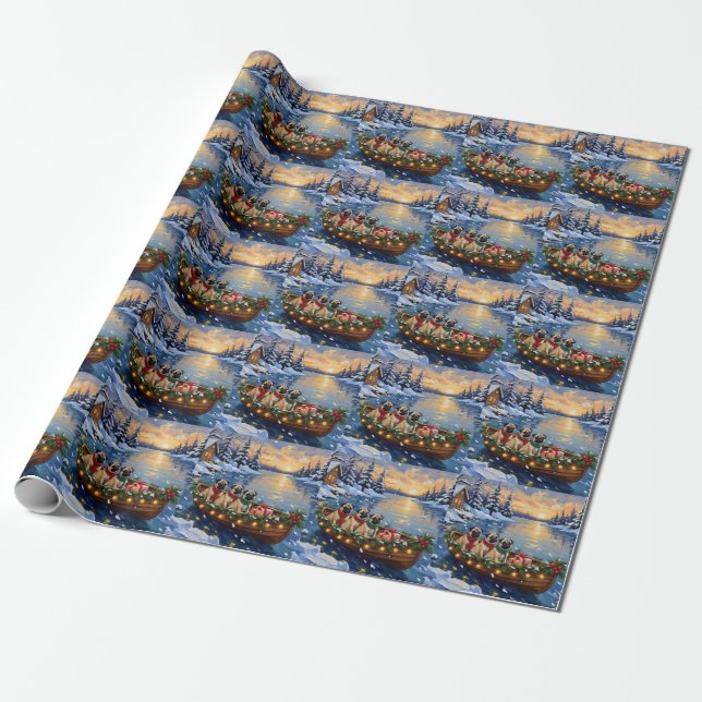 Pug-Weihnachtsboot-Feiertag Geschenkpapier (Ungerollt)