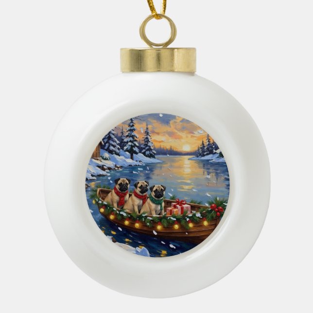 Pug-Weihnachtsboot-Feiertag Keramik Kugel-Ornament (Vorderseite)