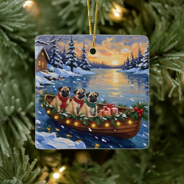 Pug-Weihnachtsboot-Feiertag Keramikornament (Baum)