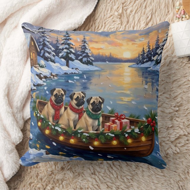 Pug-Weihnachtsboot-Feiertag Kissen (Decke)