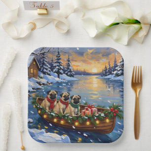 Pug-Weihnachtsboot-Feiertag Pappteller