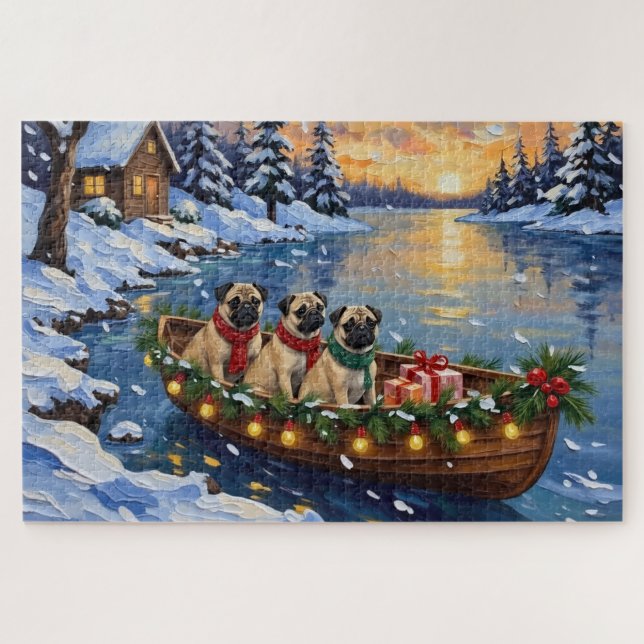 Pug-Weihnachtsboot-Feiertag Puzzle (Horizontal)