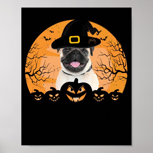 Pug Witch Hat Jack-o-Lantern Dogs Halloween T-Shir Poster (Vorne)