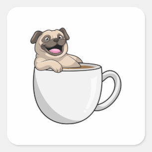 Pug with Cup of Coffee Quadratischer Aufkleber