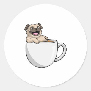 Pug with Cup of Coffee Runder Aufkleber