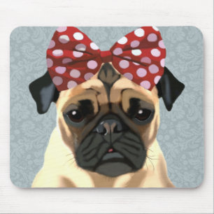 Pug with Red Spotty Bow On Head 2 Mousepad