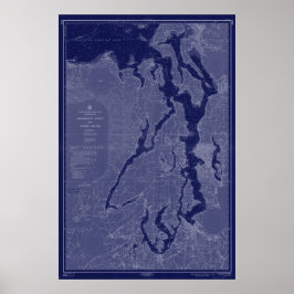 Puget Sound Vintag Map Schöne Karte Blaue Kunst Poster