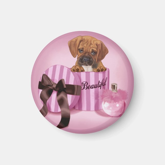 Puggle in Stripy Round Box Magnet (Vorne)