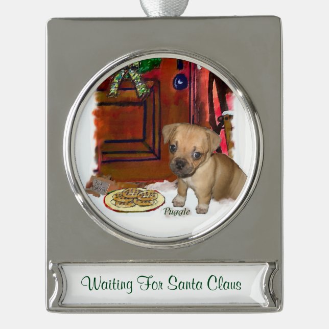 Puggle Personalisiert Weihnachten Banner-Ornament Silber (Vorderseite)