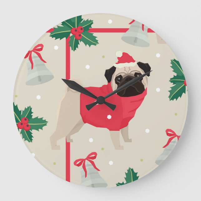 Puggy Christmas Wall Clock Große Wanduhr (Vorderseite)
