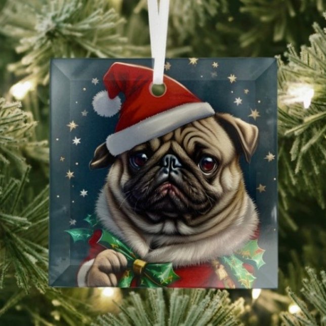 Puggy Claus Collection Ornament Aus Glas (Glass Square Ornament frosted back one-sided printable size: 3”.
  
)