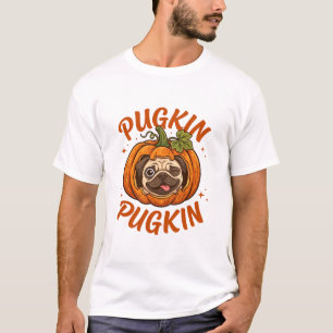 Pugkin Pug Hund Kürbis Zwinkernd Zunge Blätter T-Shirt
