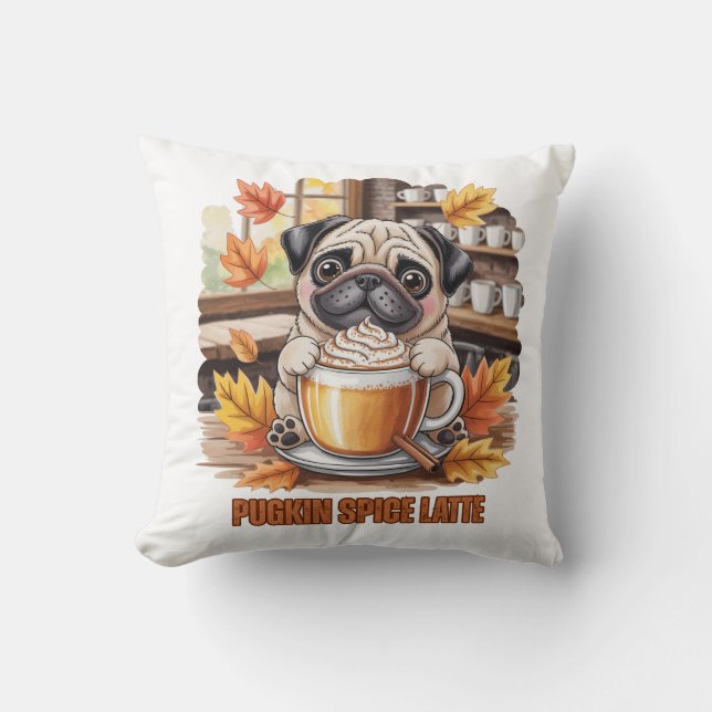Pugkin Spice Latte – Süßes Herbst-Pug-Kaffeedesign Kissen (Vorderseite)